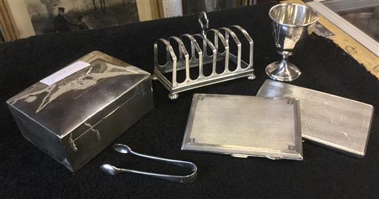 2 silver cigarette cases, box, egg cup, toast rack etc